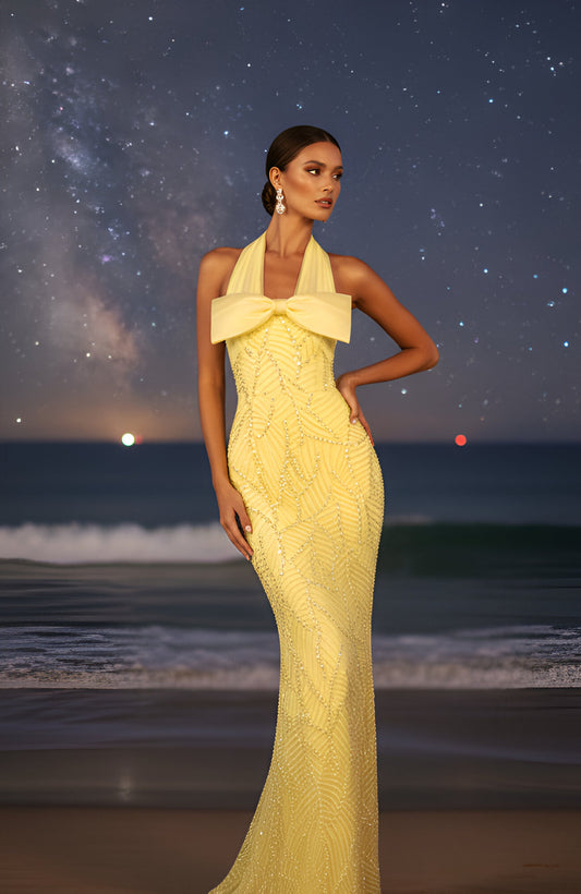Chic Evening Dresses Satin V-Neck Long Sleeve Beaded Formal Gowns for Women