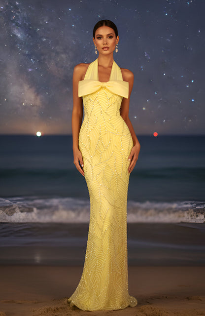 Chic Evening Dresses Satin V-Neck Long Sleeve Beaded Formal Gowns for Women