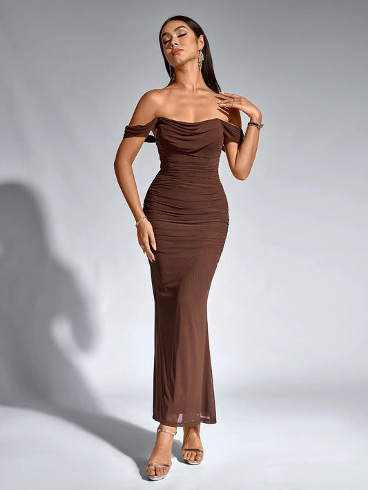 Chic Fitted Off-the-Shoulder Ruched Sheer Floor-Length Prom Dresses