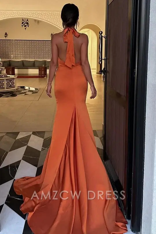 Amzcw Chic Halter Sin Mangas Satén Plisado Sirena Vestido Formal de Fiesta con Cola