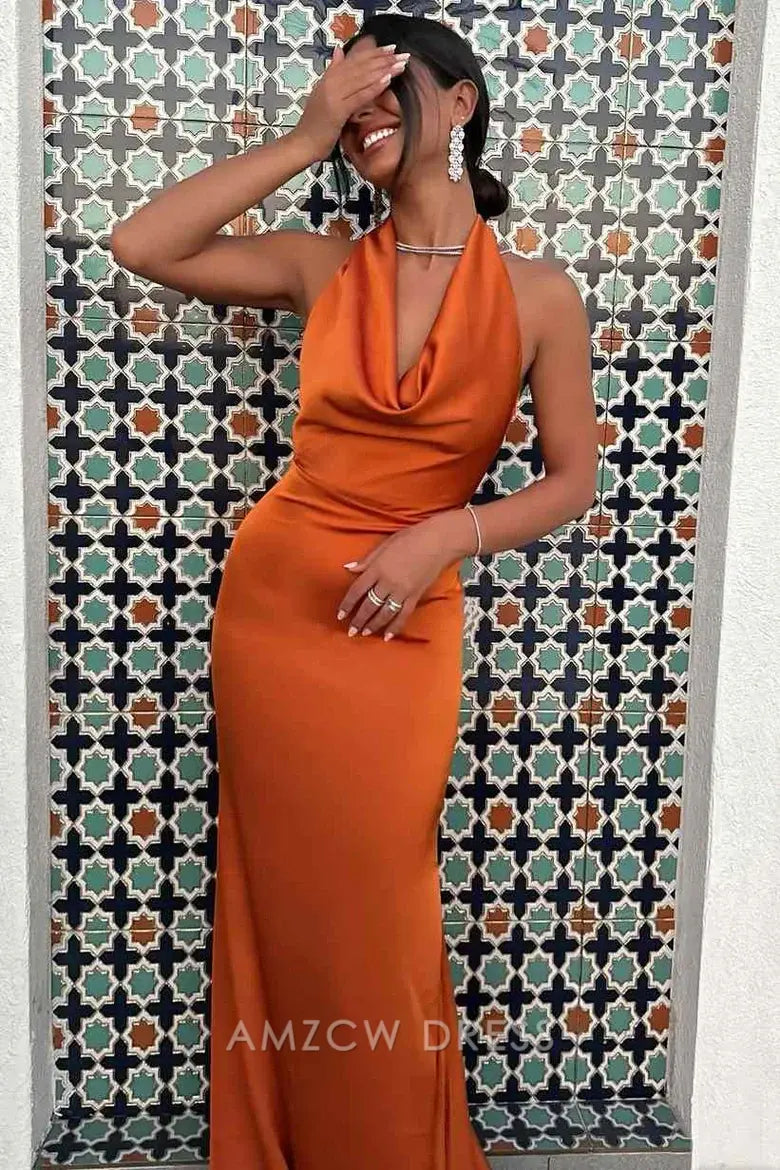 Amzcw Chic Halter Sin Mangas Satén Plisado Sirena Vestido Formal de Fiesta con Cola