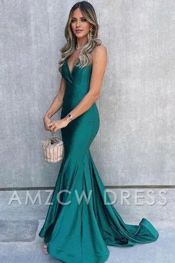 Vestido de fiesta formal Amzcw elegante de sirena con escote en V y tirantes finos de satén plisado