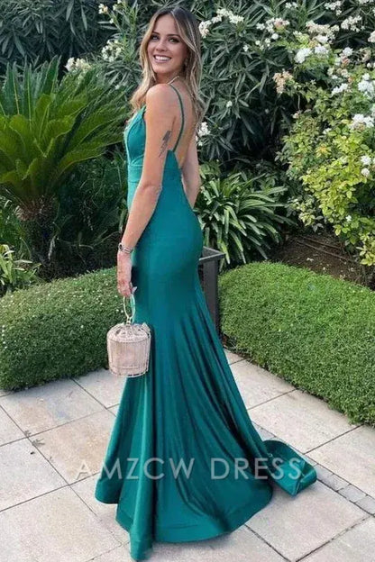 Vestido de fiesta formal Amzcw elegante de sirena con escote en V y tirantes finos de satén plisado