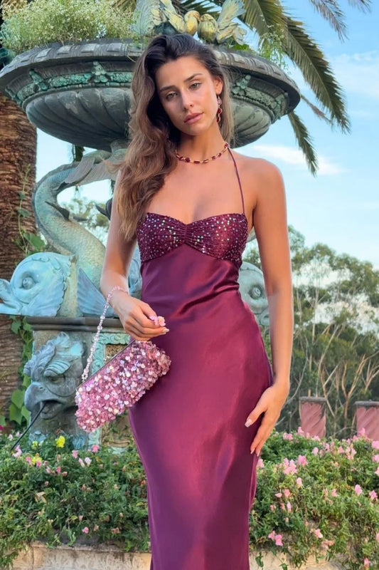 Chic Plum Purple Halter Mermaid Gown with Beaded Bodice and Lace-Up Back: Prom Dress