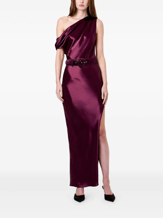 Chic Plum Satin One-Shoulder Belted Prom Dress