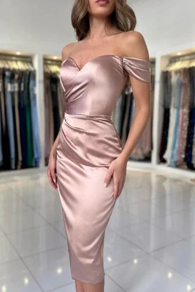 Chic Satin Midi Dress Off-the-Shoulder Sweetheart Neck Ruched Waist Bodycon Cocktail Dress