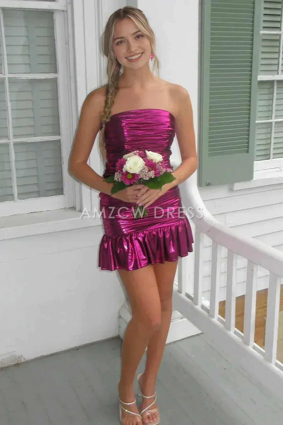 Amzcw Elegant Chic Satin Strapless Pleated Mini Ruffle Homecoming Dress formal wear dresses