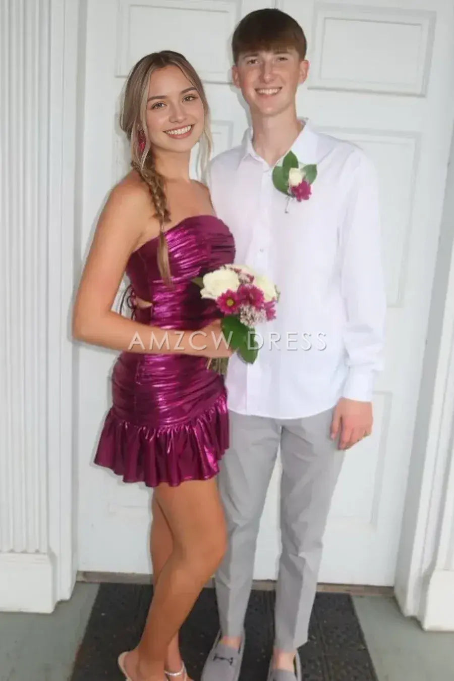 Amzcw Elegant Chic Satin Strapless Pleated Mini Ruffle Homecoming Dress formal wear dresses