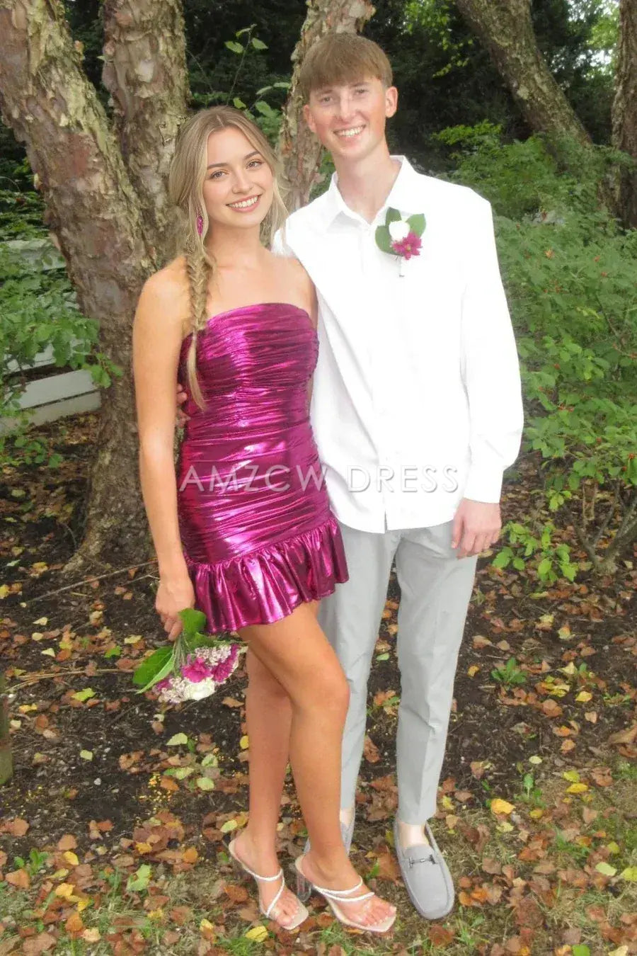 Amzcw Elegant Chic Satin Strapless Pleated Mini Ruffle Homecoming Dress formal wear dresses