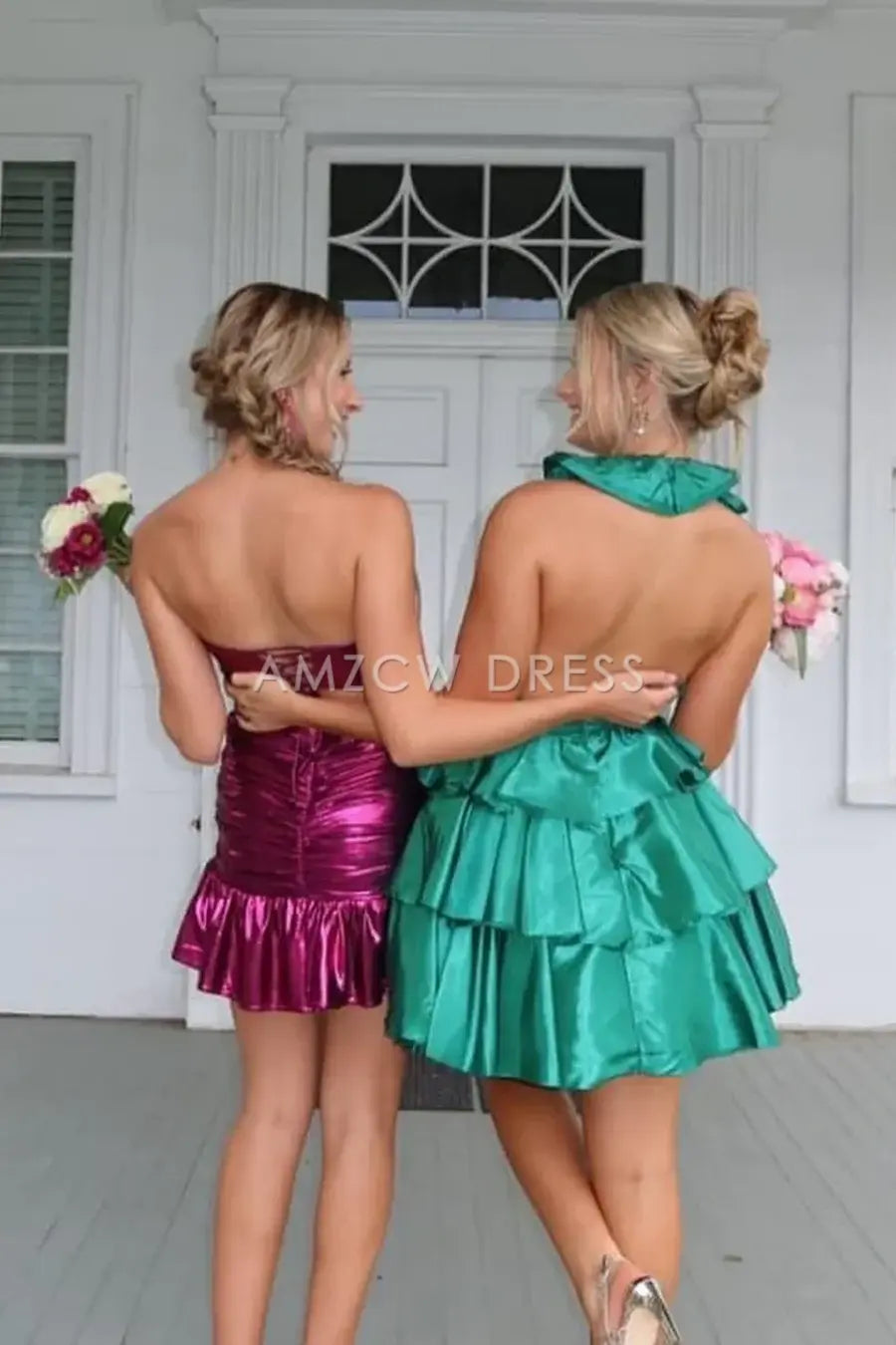 Amzcw Elegant Chic Satin Strapless Pleated Mini Ruffle Homecoming Dress formal wear dresses