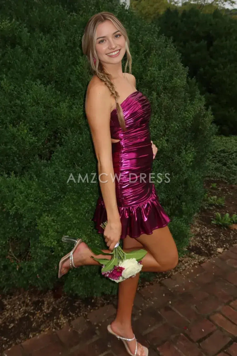 Amzcw Elegant Chic Satin Strapless Pleated Mini Ruffle Homecoming Dress formal wear dresses