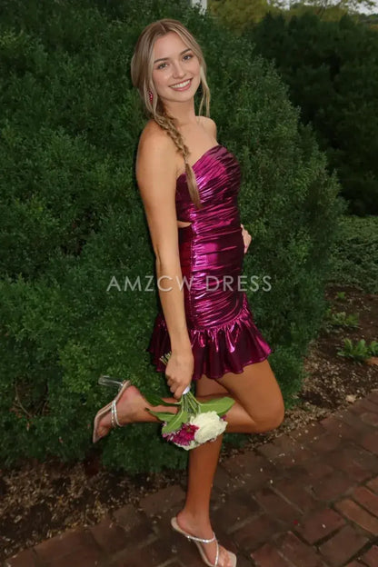Amzcw Elegant Chic Satin Strapless Pleated Mini Ruffle Homecoming Dress formal wear dresses