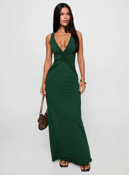 Chic Sheath Deep V Neck Sleeveless Cutout Back Floor Length Prom Dresses