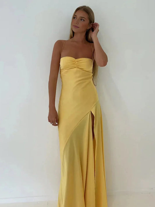 Chic Sheath Sweetheart Neck Spaghetti Strap Solid Back Floor Length Prom Dresses With Split