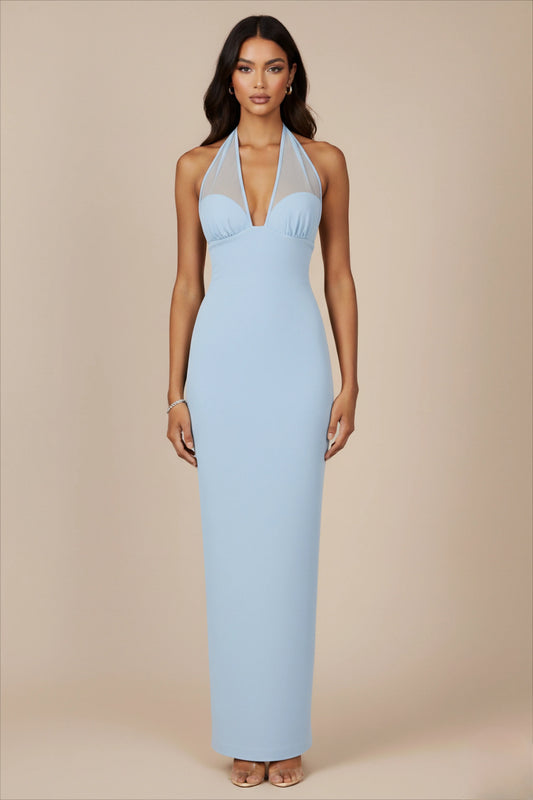 Chic Sheath V-Neck Halter Mesh Sleeveless Zipper Back Long Prom Dresses