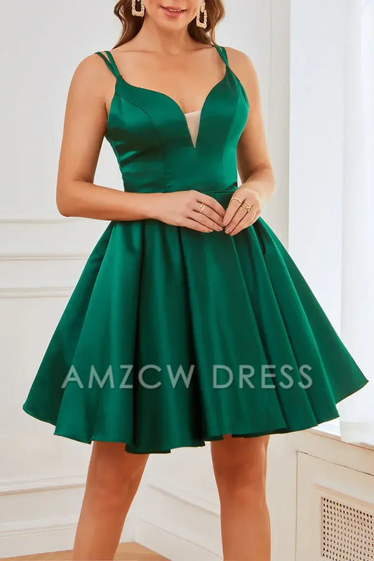 Amzcw Elegant Chic V-Neck Spaghetti Straps Empire Satin A-Line Homecoming Dress formal wear dresses