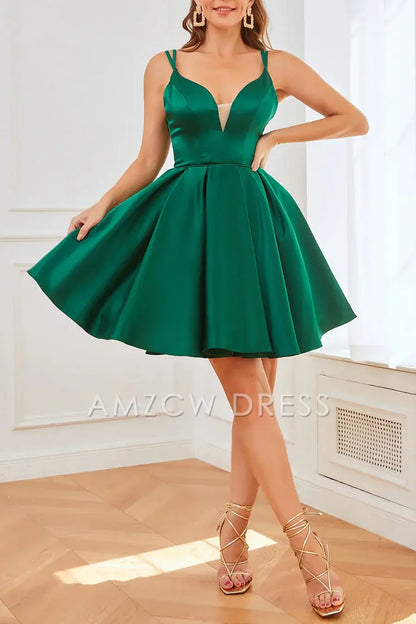 Amzcw Elegant Chic V-Neck Spaghetti Straps Empire Satin A-Line Homecoming Dress formal wear dresses