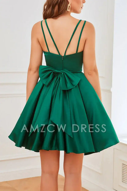 Amzcw Elegant Chic V-Neck Spaghetti Straps Empire Satin A-Line Homecoming Dress formal wear dresses