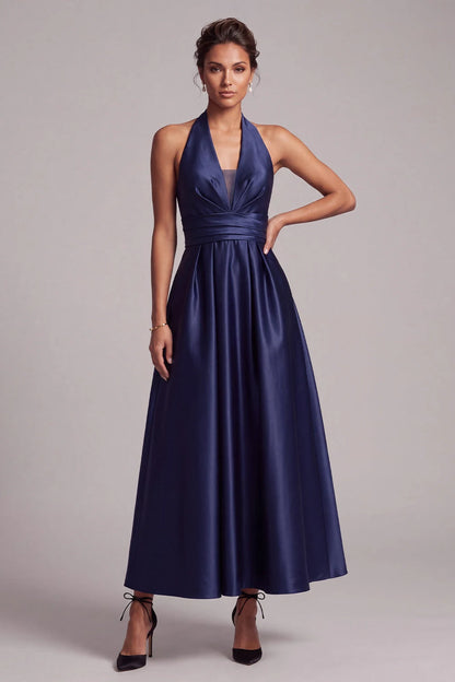 Chic A-Line Halter Pleated Navy Maxi Mother Of The Bride Dresses