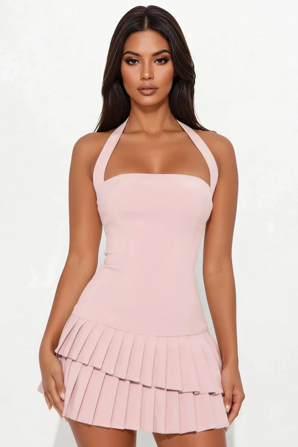 Chic A-Line Halter Sleeveless Pleated Blush Mini Homecoming Dress Women's Party