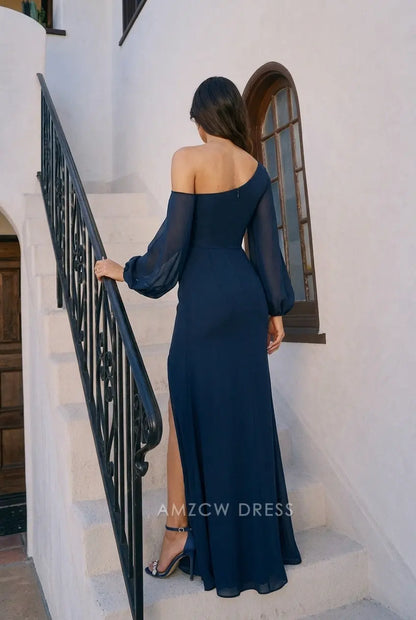 Chic A-Line One-Shoulder Long Sleeve Ruched High Slit Navy Prom Dresses