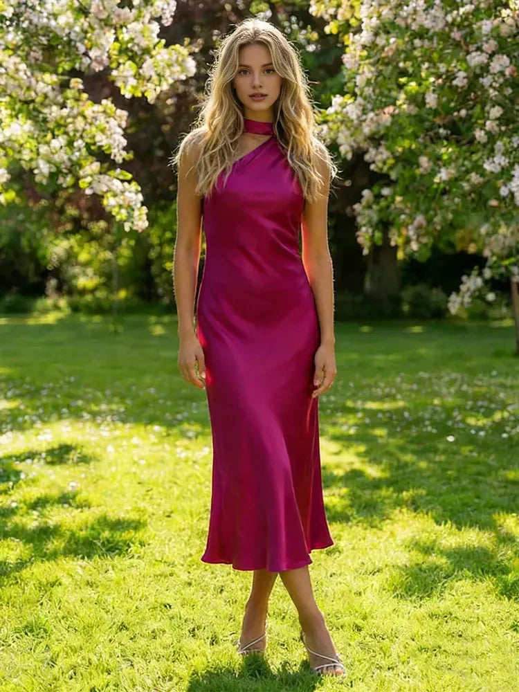Chic A-Line One-Shoulder Sleeveless Draped Magenta Midi Prom Dress
