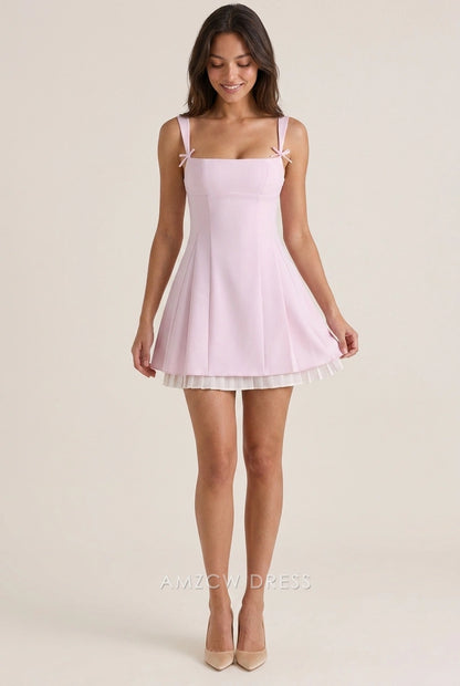 Chic A-Line Square Neck Bow-Strap Pleated Light Pink Mini Homecoming Dresses