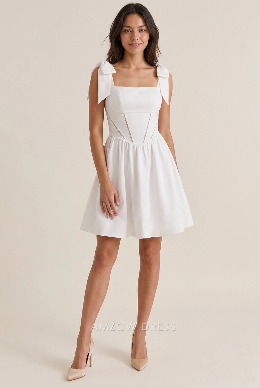 Chic A-Line Square Neck Bow-Tie Strap Boned White Mini Homecoming Dress