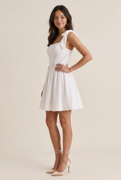 Chic A-Line Square Neck Bow-Tie Strap Boned White Mini Homecoming Dress