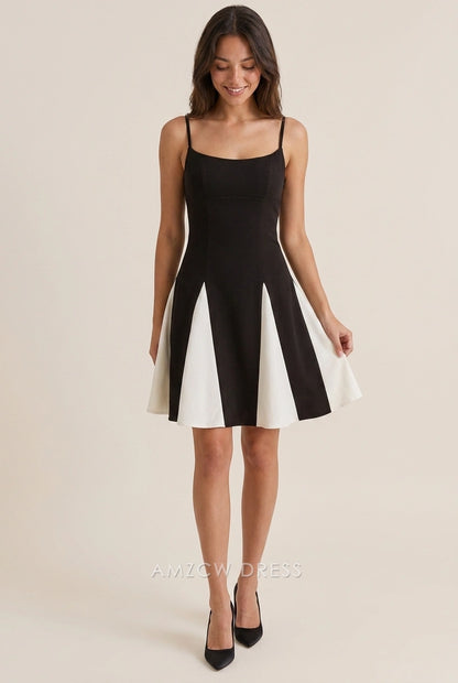 Chic A-Line Square Neck Color Block Pleated Black White Mini Homecoming Dress