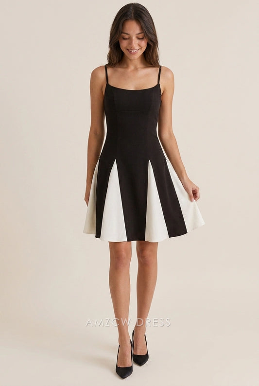 Chic A-Line Square Neck Color Block Pleated Black White Mini Homecoming Dress