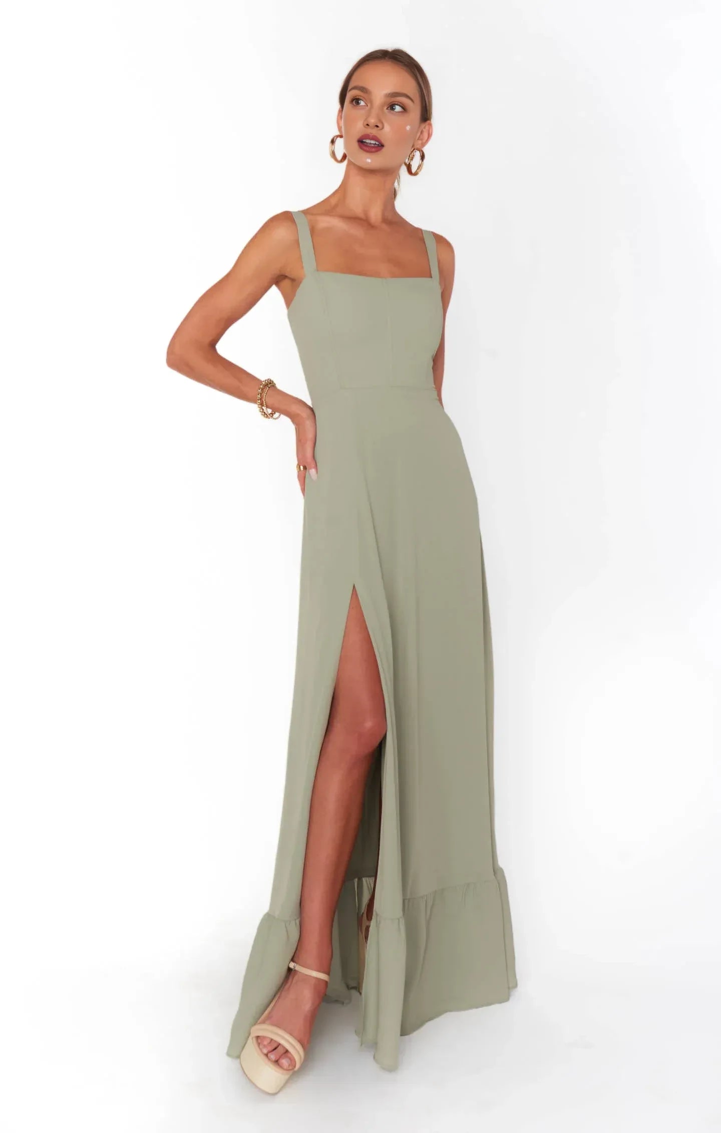 Chic A-Line Square Neck Sleeveless Backless Sage Green Maxi Prom Gown