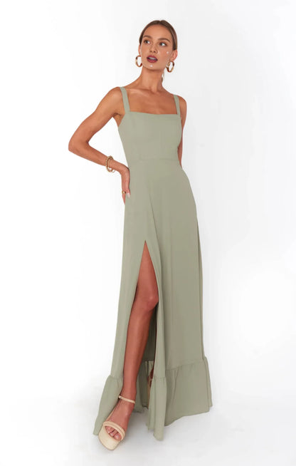 Chic A-Line Square Neck Sleeveless Backless Sage Green Maxi Prom Gown