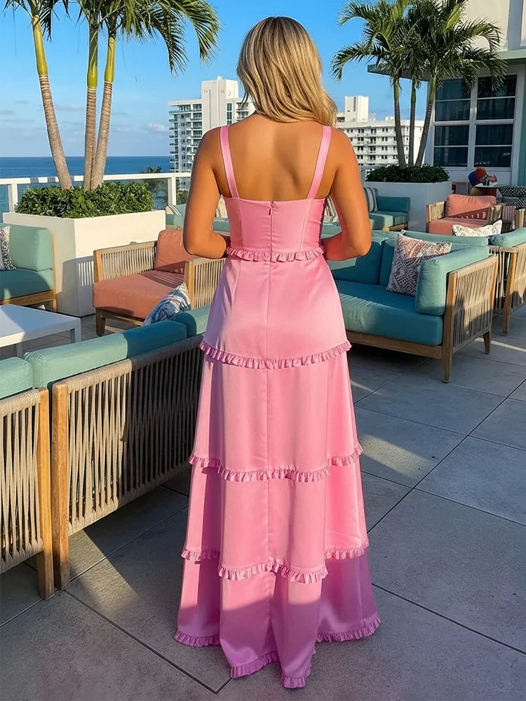 Chic A-Line Square Neck Sleeveless Tiered Slit Pink Floor-Length Prom Gown