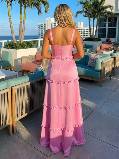 Chic A-Line Square Neck Sleeveless Tiered Slit Pink Floor-Length Prom Gown