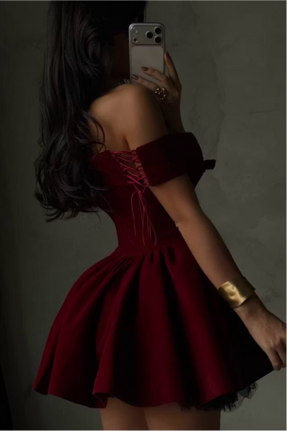 Chic A-Line Sweetheart Off-Shoulder Short Sleeve Burgundy Mini Homecoming Dress