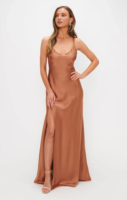 Chic A-Line V-Neck Sleeveless Backless Bronze Floor-Length Prom Dress Women's