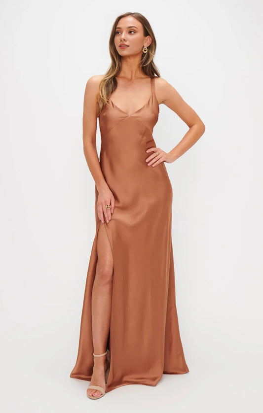 Chic A-Line V-Neck Sleeveless Backless Bronze Floor-Length Prom Dress Women's