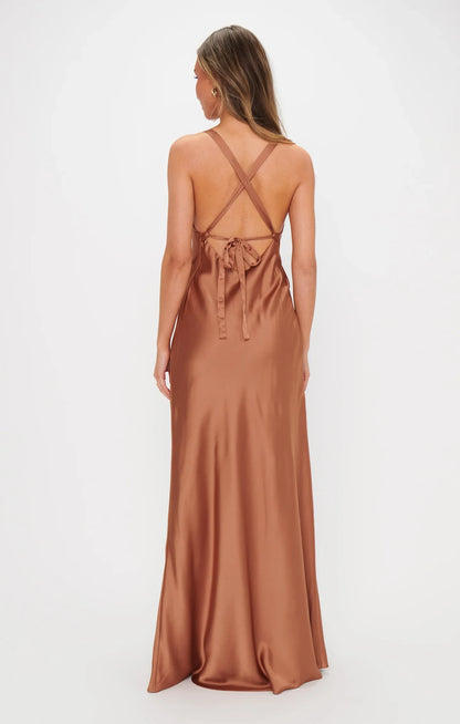 Chic A-Line V-Neck Sleeveless Backless Bronze Floor-Length Prom Dress Women's