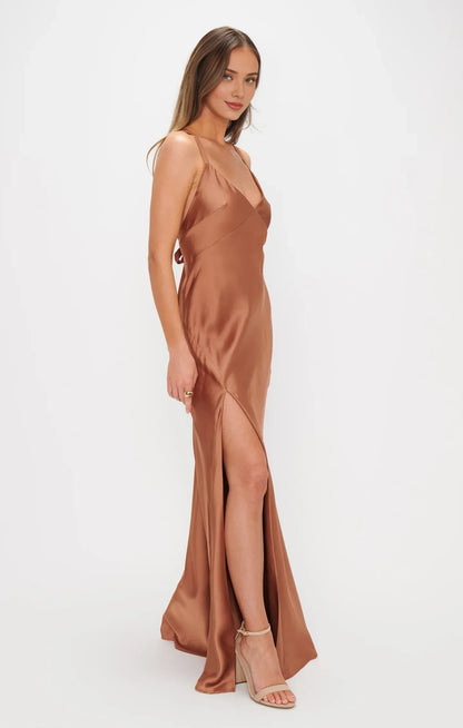 Chic A-Line V-Neck Sleeveless Backless Bronze Floor-Length Prom Dress Women's