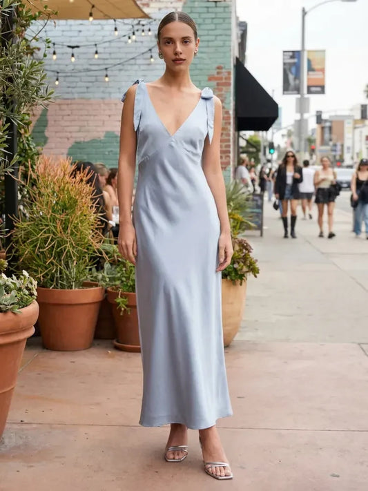 Chic A-Line V-Neck Sleeveless Tie-Shoulder Light Blue Midi Prom Dress Women's Gown