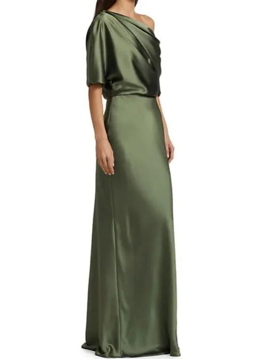 Chic Asymmetric One-Shoulder Draped Olive Green Floor-Length Prom Dress Women's Gown