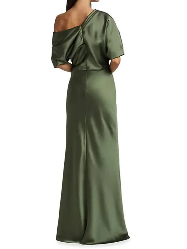 Chic Asymmetric One-Shoulder Draped Olive Green Floor-Length Prom Dress Women's Gown