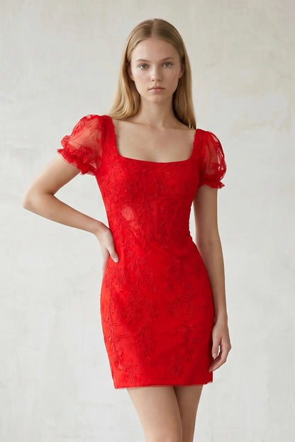 Chic Bodycon Square Neck Puff Sleeve Embroidered Corset Red Mini Homecoming Dress