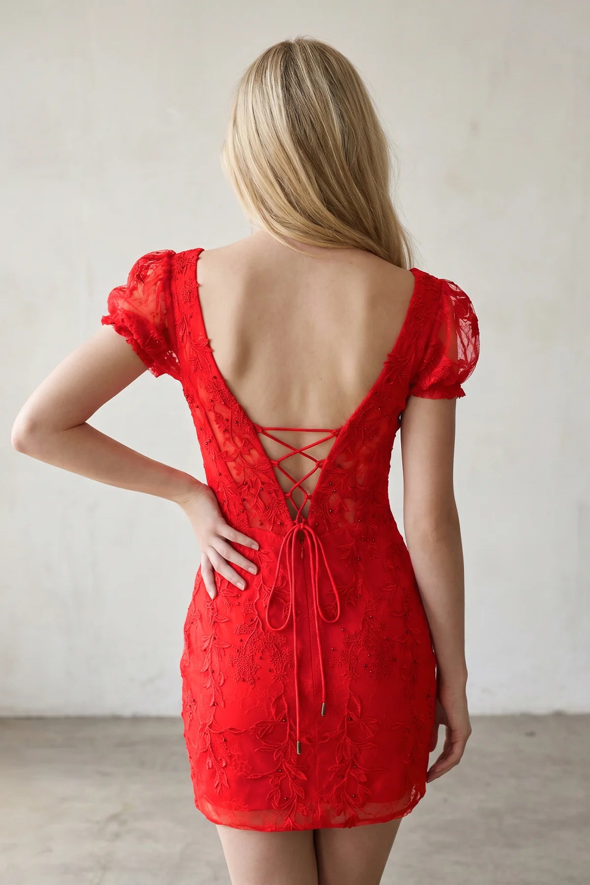 Chic Bodycon Square Neck Puff Sleeve Embroidered Corset Red Mini Homecoming Dress