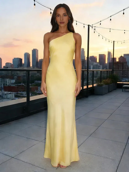 Chic Column One-Shoulder Sleeveless Sleek Pastel Yellow Floor-Length Prom Dress Gown