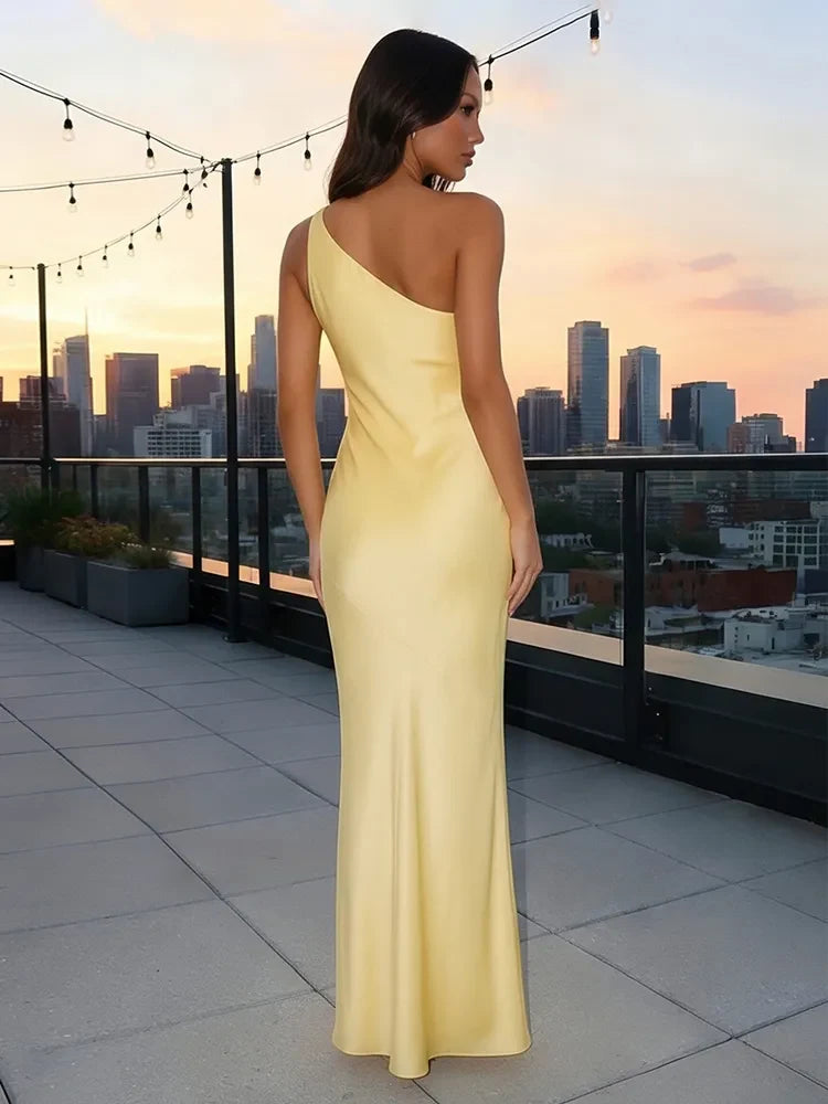 Chic Column One-Shoulder Sleeveless Sleek Pastel Yellow Floor-Length Prom Dress Gown