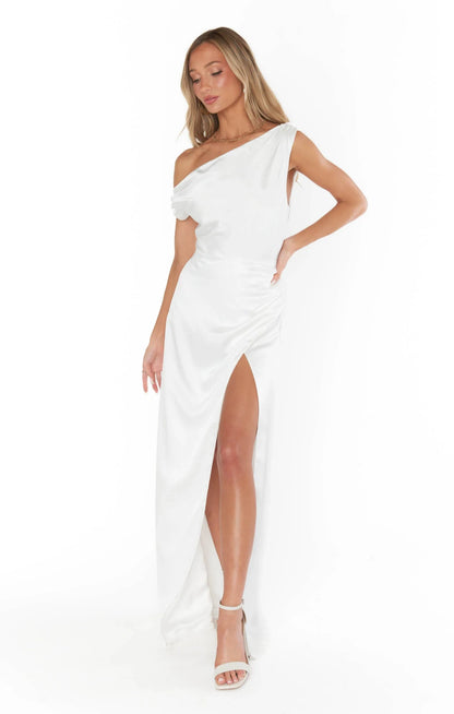Chic One-Shoulder Ruched High-Slit White Floor-Length Prom Dress Gown