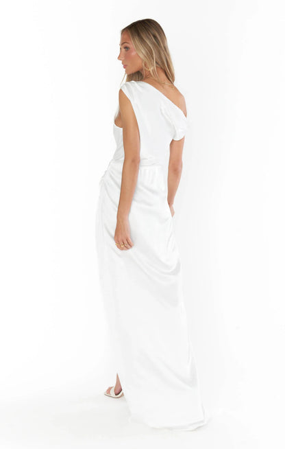 Chic One-Shoulder Ruched High-Slit White Floor-Length Prom Dress Gown