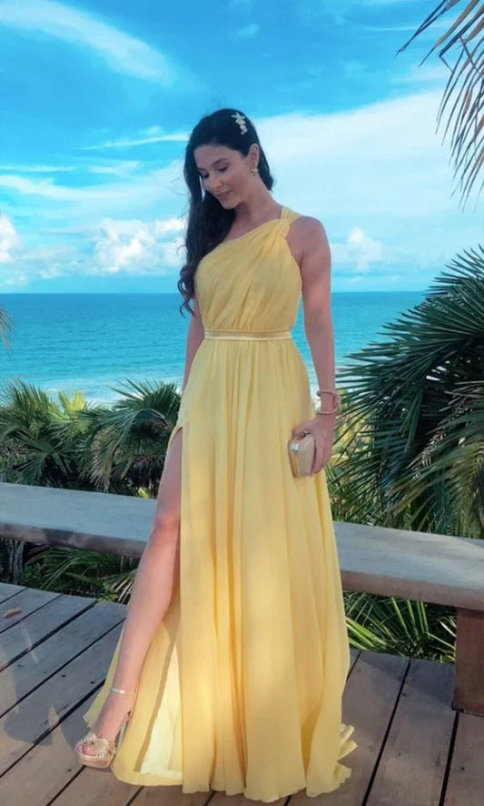 Chiffon One-Shoulder Cutout High-Slit A-Line Prom Dress